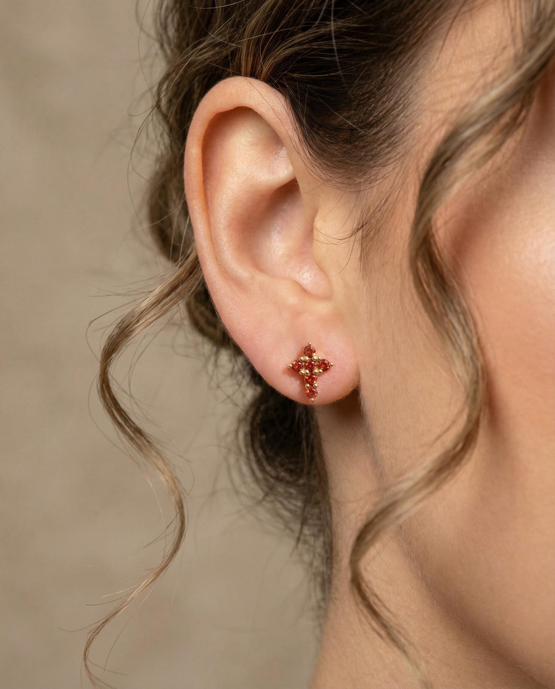 Cross Stud Earrings / Garnet Earrings / Tiny Cross Studs January Birthstones / Religious Earrings Gift / Christmas Gift for Her
