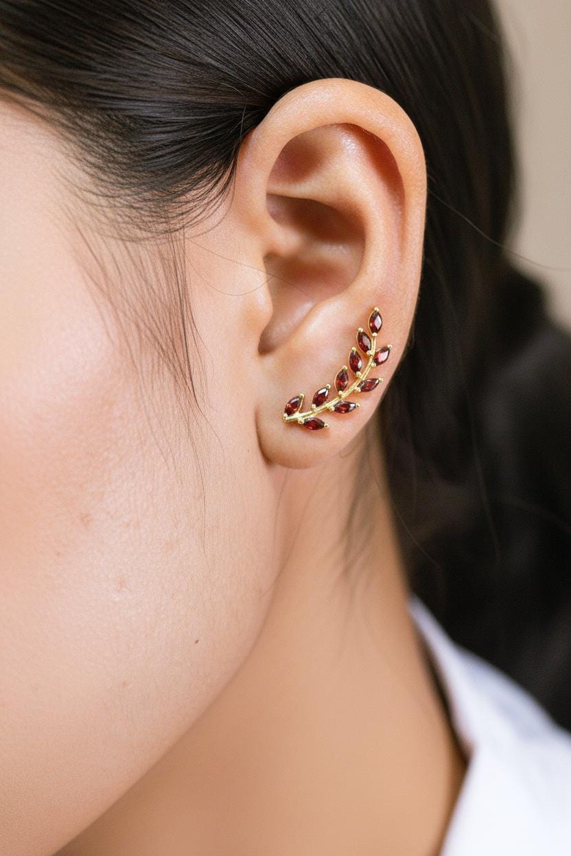 Garnet Earring Climber / Marquise Ear Crawlers Earring / Ear Climber Earring / Bridesmaid Gift / January Birthstones