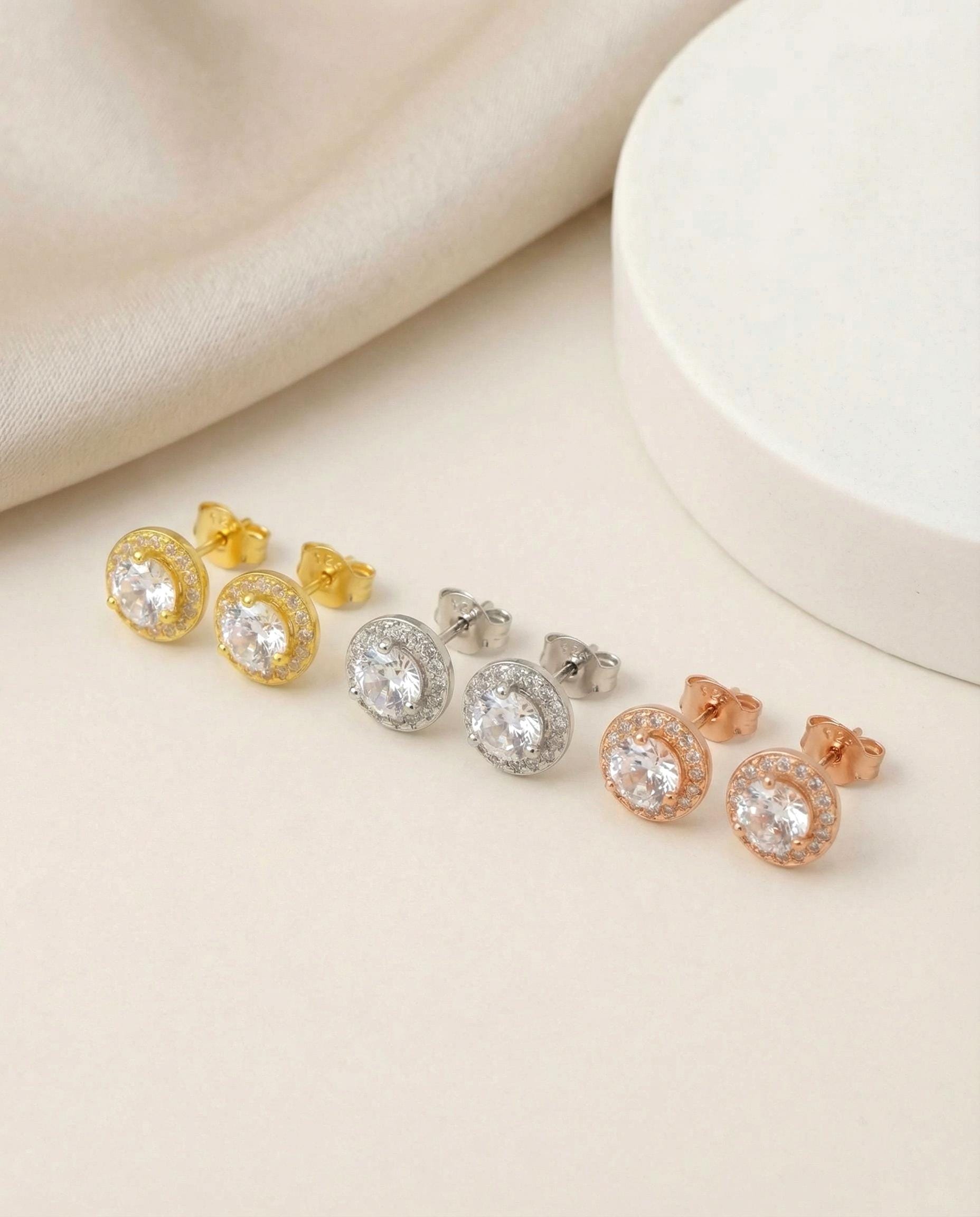 Diamonds Halo Stud Earrings, Sterling Silver Round Diamond Earrings, Everyday Earring, Bridesmaid Gift, Classic Earrings