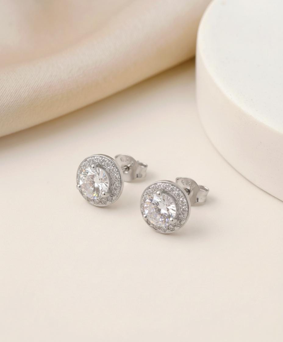 Diamonds Halo Stud Earrings, Sterling Silver Round Diamond Earrings, Everyday Earring, Bridesmaid Gift, Classic Earrings