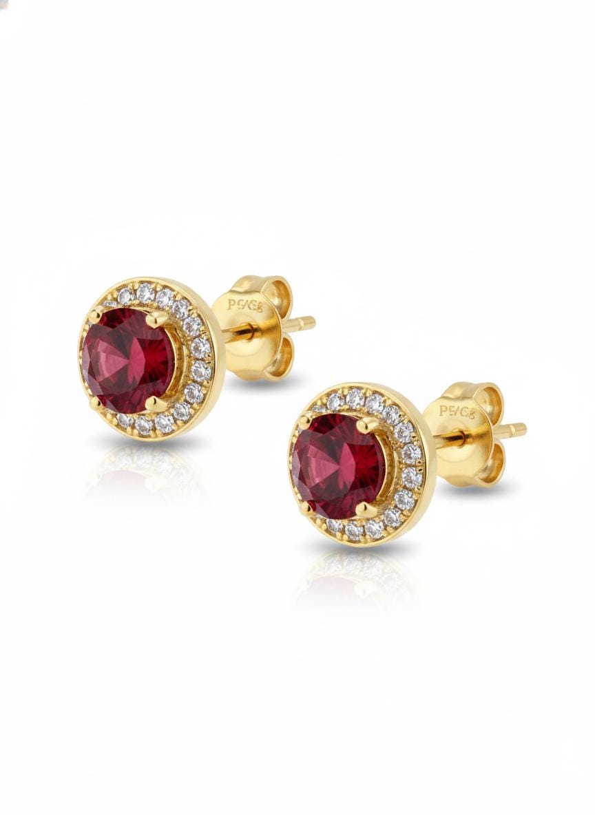 Garnet Halo Stud Earrings / Brilliant Round Diamond Earrings / Everyday Earring / January Birthstone Gift / Last Minute Gifts