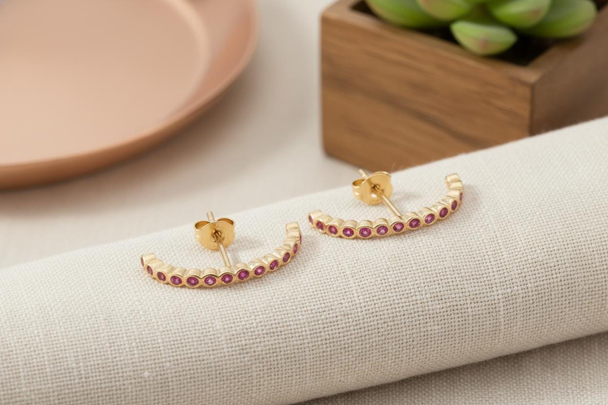 Ear Lobe Ruby Cuff Earrings, Suspender Earrings, Dainty Stud Lobe Cuff, June Birthstones Gift, Last Minute Gifts