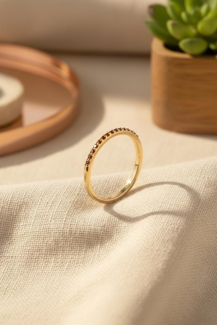 Micro Pave Garnet Wedding Band, Sterling Silver Dainty Stackable Band, January Birthstones, Stacking Ring