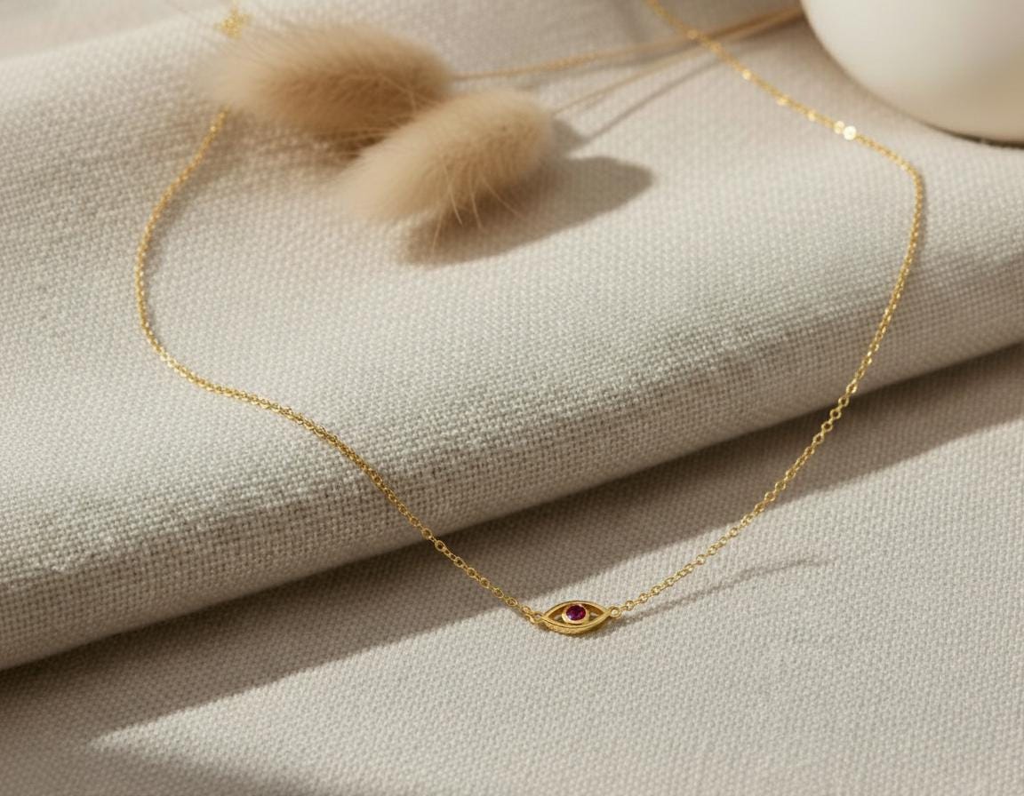 Minimalist Evil Eye Ruby Necklace, Good Luck Necklace, July Birthstones Gift, Protection Necklace, Spiritual Necklace Gift for Her