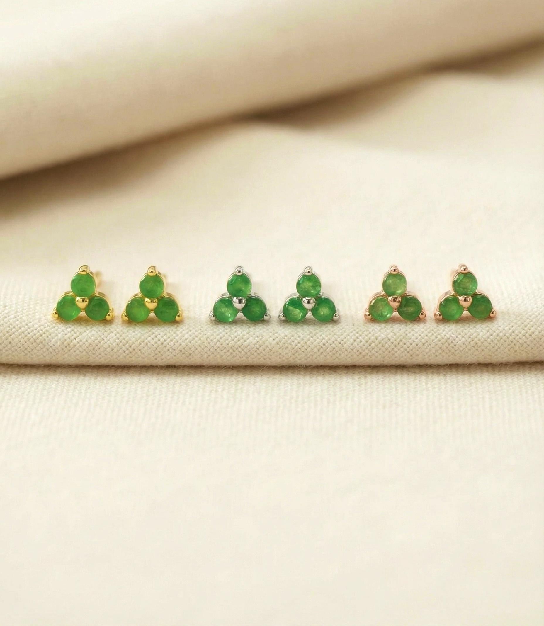 Emerald Earrings / Trio Stud Earrings / May Birthstone Gift / Three Stone Earrings / Minimalist Earrings / In Stock