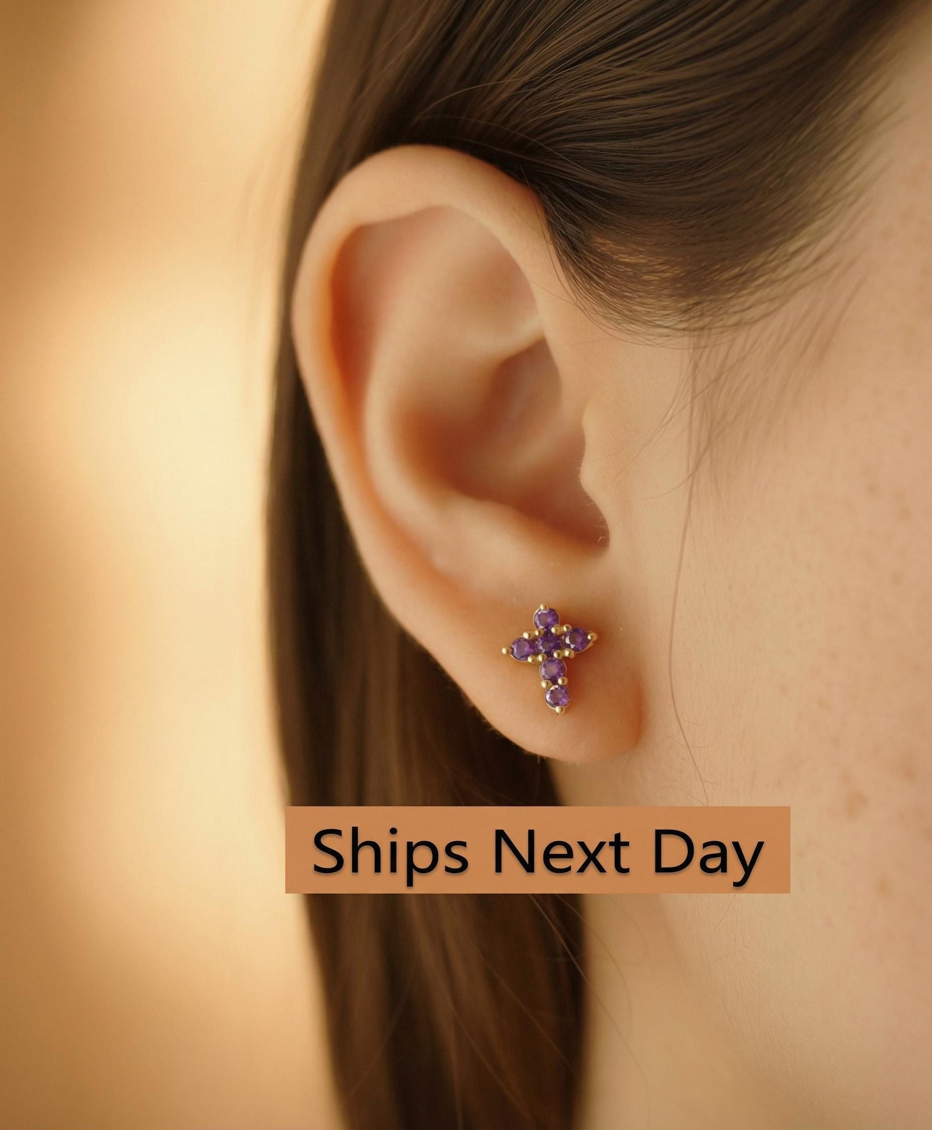 Cross Stud Earrings / Amethyst Earrings / Tiny Cross Studs February Birthstones / Religious Earrings Gift / Last Minute Gifts