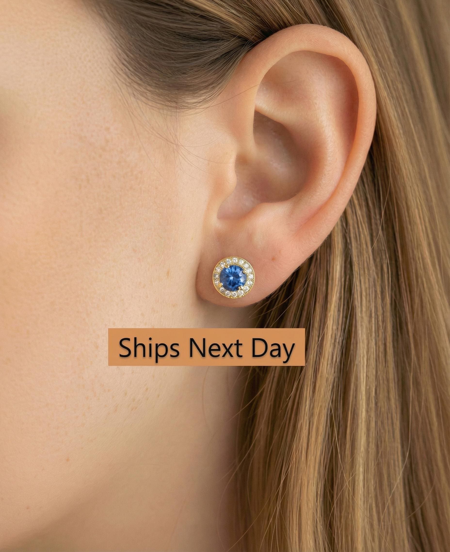 Blue Sapphire Halo Stud Earrings / Minimalist Earrings Gift for Women / Everyday Earring / September Birthstone Gift / In Stock