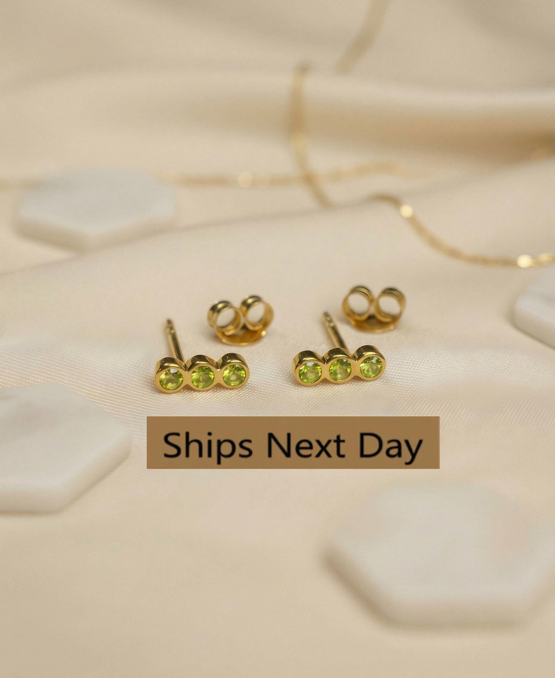 Peridot Earrings / Three Stone Stud Earrings / August Birthstone Gift / Minimalist Gemstone Earrings