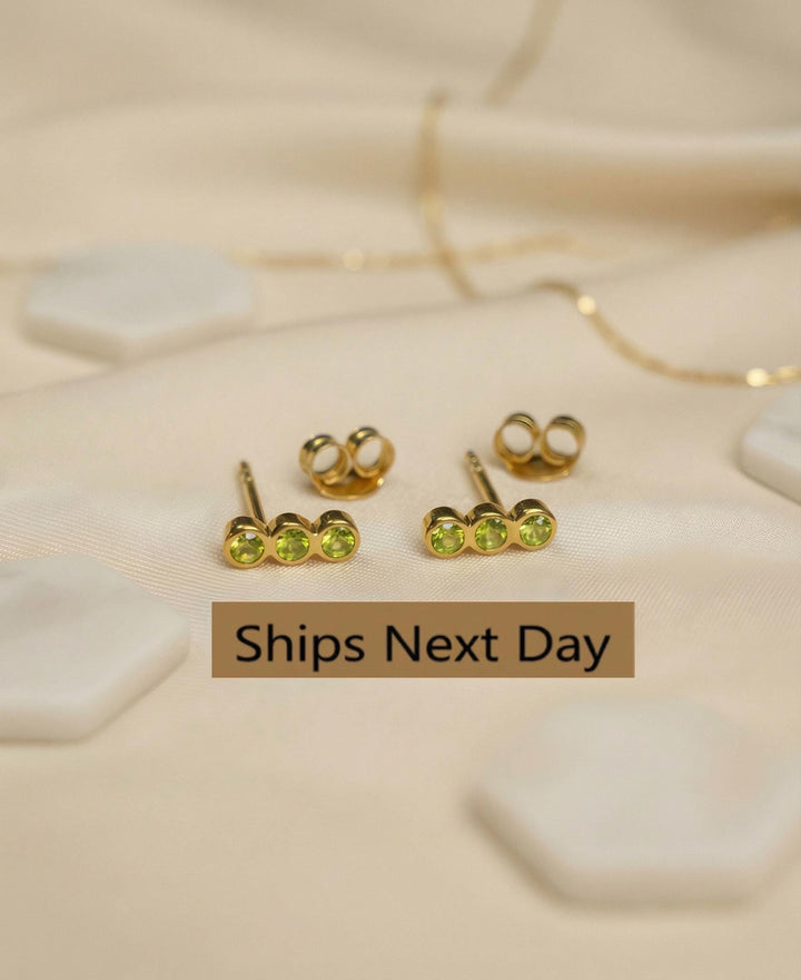 Peridot Earrings / Three Stone Stud Earrings / August Birthstone Gift / Minimalist Gemstone Earrings