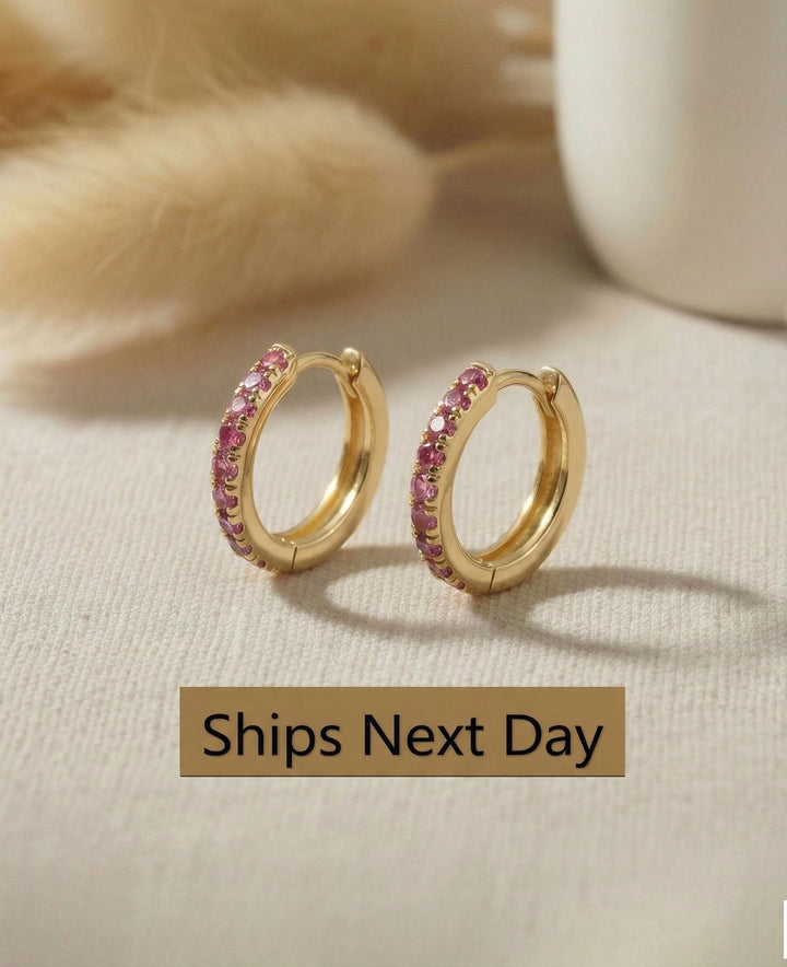 Pink Sapphires Hoop Earrings, September Birthstone, Huggies Hoop Earrings, Minimal Hoop Earrings