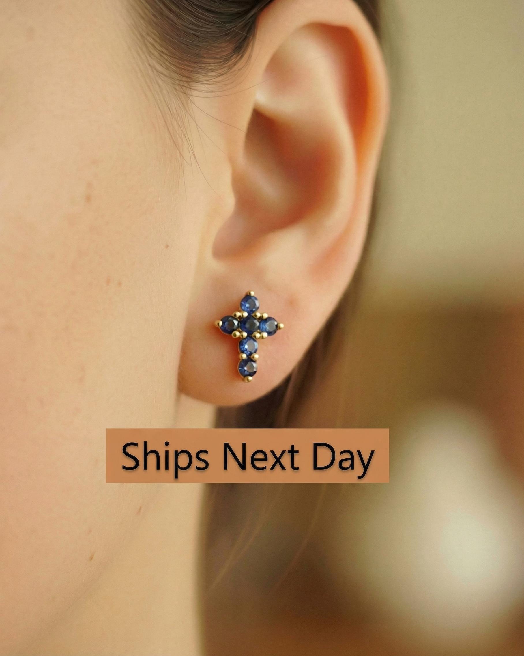 Blue Sapphire Cross Stud Earrings / Tiny Cross Studs September Birthstones / Religious Earrings Gift / Holiday Gift for Her