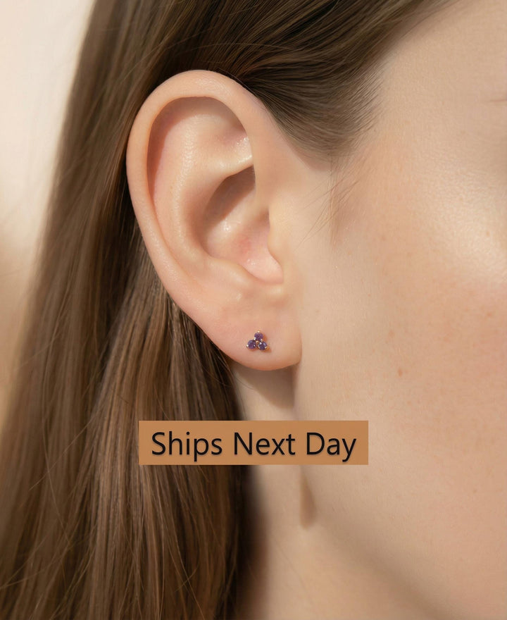 Amethyst Earrings / Trio Stud Earrings / February Birthstone Gift / Three Stone Earrings / Minimalist Earrings