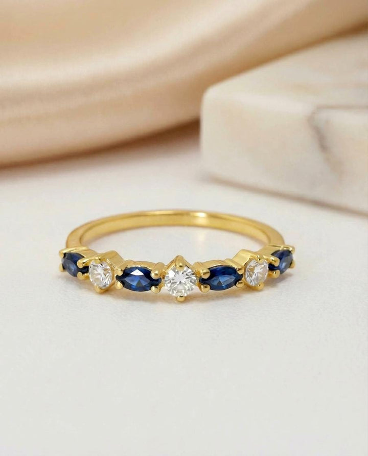 Blue Sapphire Marquise Wedding Ring, September Birthstone Ring, 18K Gold Half Eternity Wedding Band,  Blue Gemstone Band Gift for Her