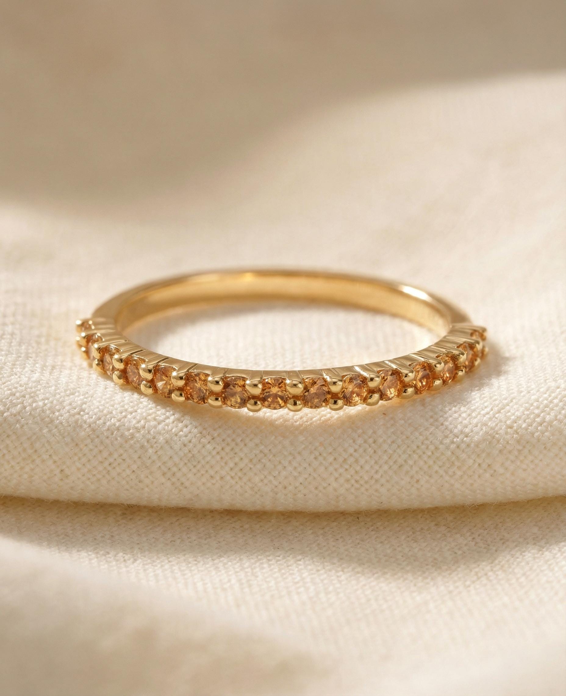 Shared Prong Citrine Wedding Band, November Birthstone Ring, Classic Wedding Ring, Women Wedding Band