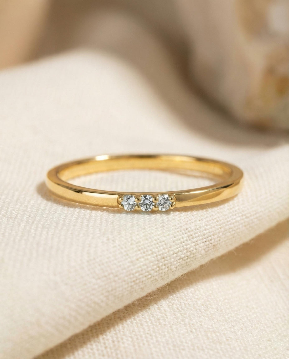 Three Stones Diamond Ring, Thin Triple Stone Stacking Ring, Minimalist Ring, Promise Ring, Gift for Her, Christmas Jewelry Gift