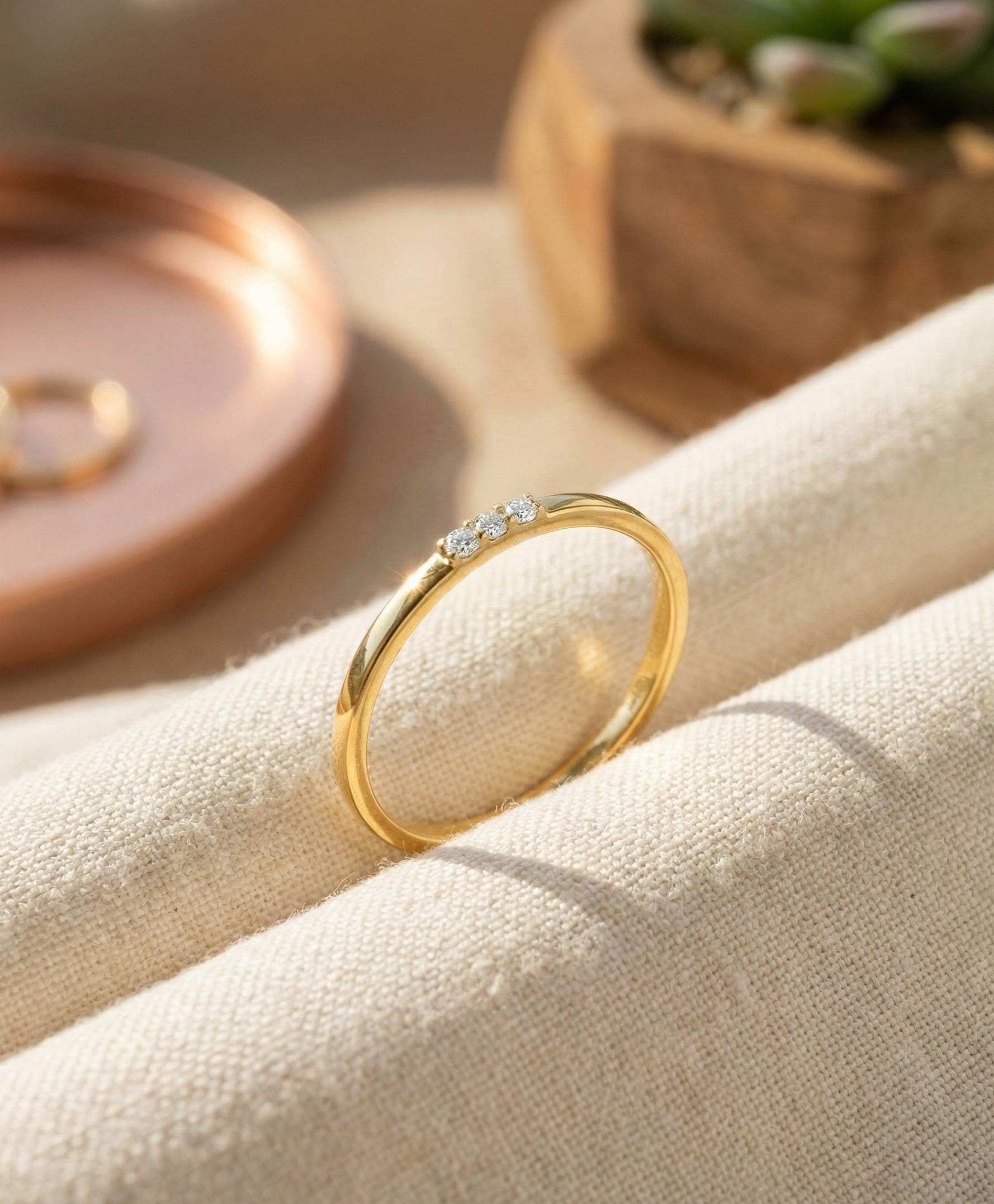 Three Stones Diamond Ring, Thin Triple Stone Stacking Ring, Minimalist Ring, Promise Ring, Gift for Her, Christmas Jewelry Gift
