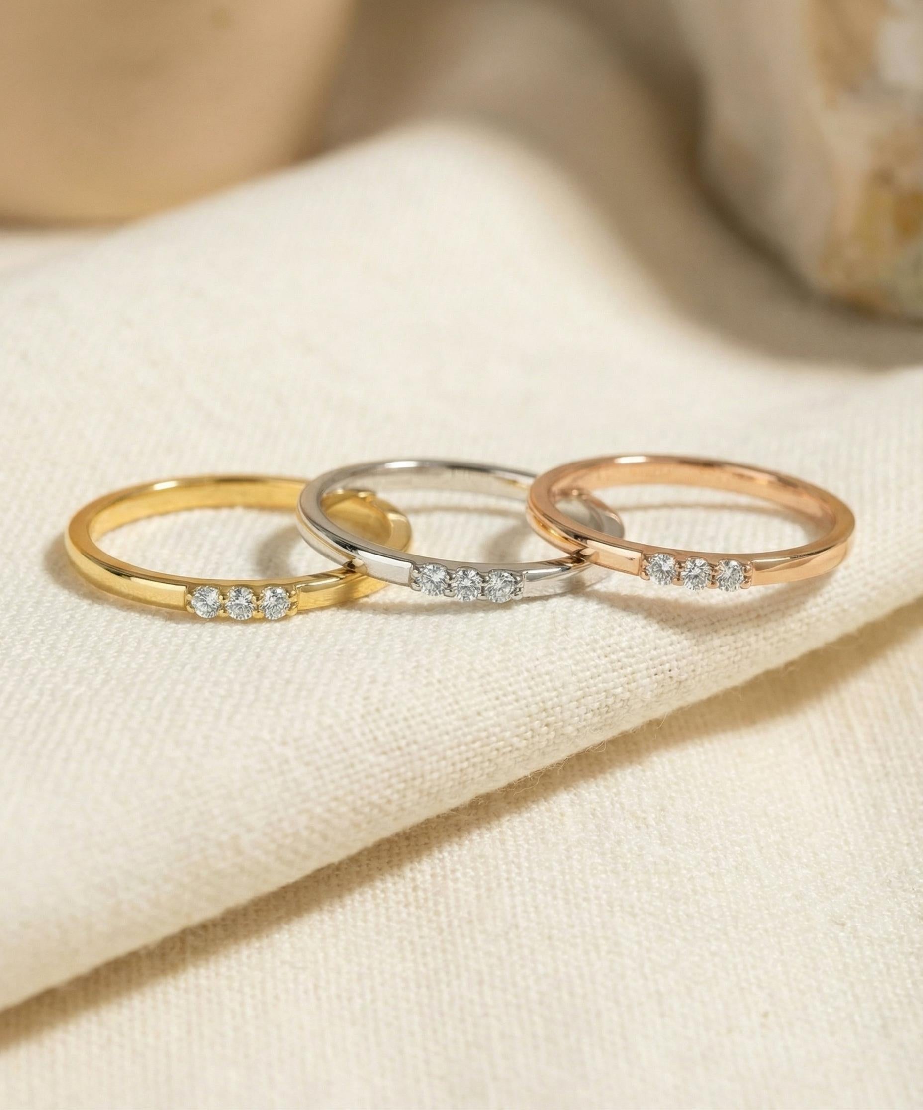 Three Stones Diamond Ring, Thin Triple Stone Stacking Ring, Minimalist Ring, Promise Ring, Gift for Her, Christmas Jewelry Gift