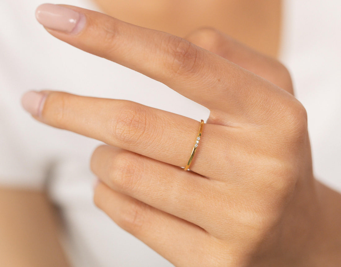 Three Stones Diamond Ring, Thin Triple Stone Stacking Ring, Minimalist Ring, Promise Ring, Gift for Her, Christmas Jewelry Gift