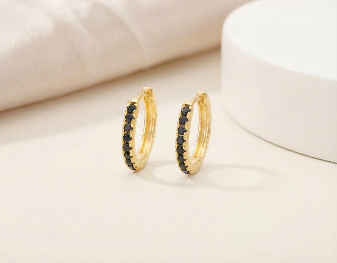 Black Diamonds Hoop Earrings, Huggies Hoop Earrings, Minimal Hoop Earrings, Minimalist Earrings, In Stock