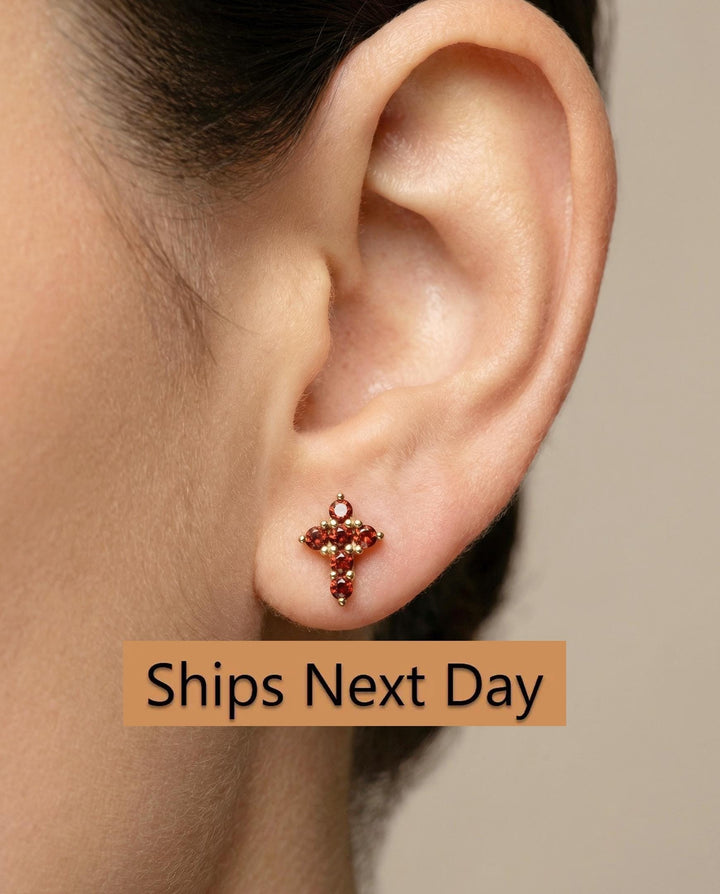 Cross Stud Earrings / Garnet Earrings / Tiny Cross Studs January Birthstones / Religious Earrings Gift / Christmas Gift for Her