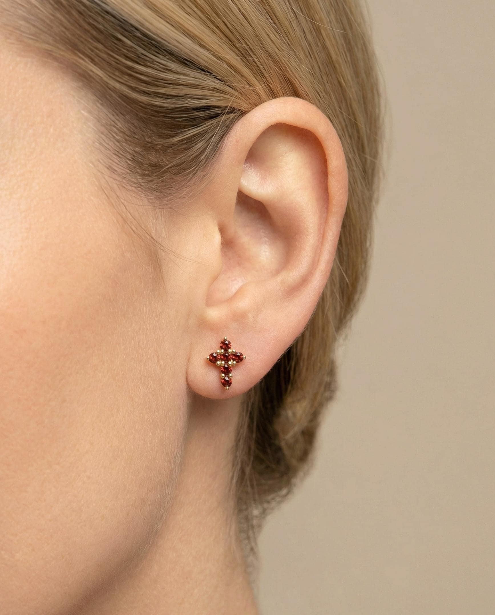 Cross Stud Earrings / Garnet Earrings / Tiny Cross Studs January Birthstones / Religious Earrings Gift / Christmas Gift for Her