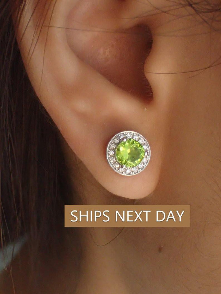 Peridot Halo Stud Earrings / Minimalist Earrings Gift for Women / Everyday Earring / August Birthstone Gift / Classic Earrings / In Stock