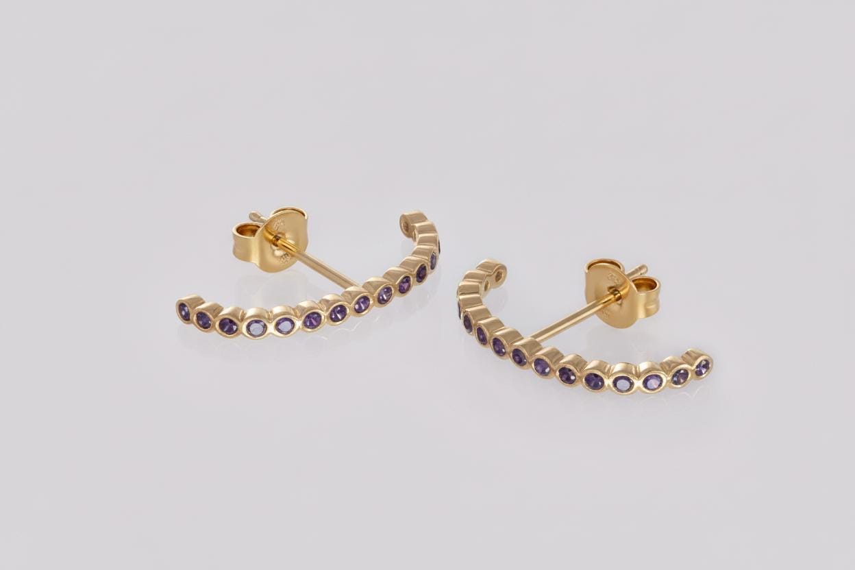 Bezel Set Amethyst Earrings, Curve Stud Earrings, February Birthstone Gift, Dainty Suspender Earrings, Purple Stone Earrings Gift for Her