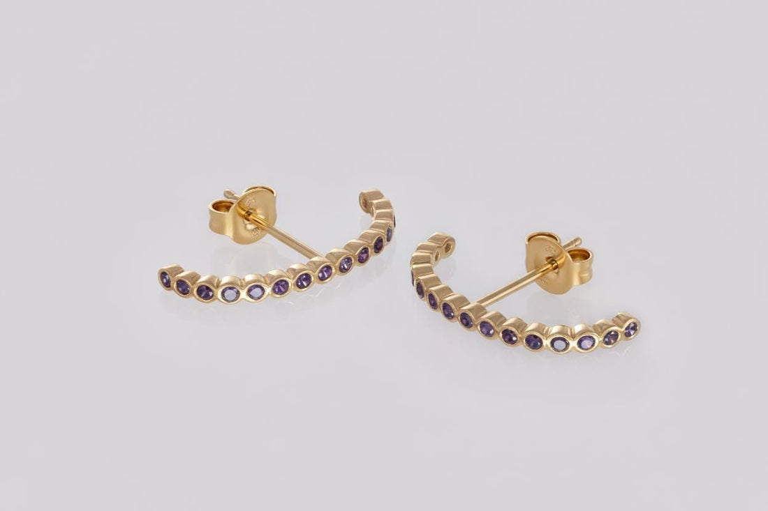 Bezel Set Amethyst Earrings, Curve Stud Earrings, February Birthstone Gift, Dainty Suspender Earrings, Purple Stone Earrings Gift for Her