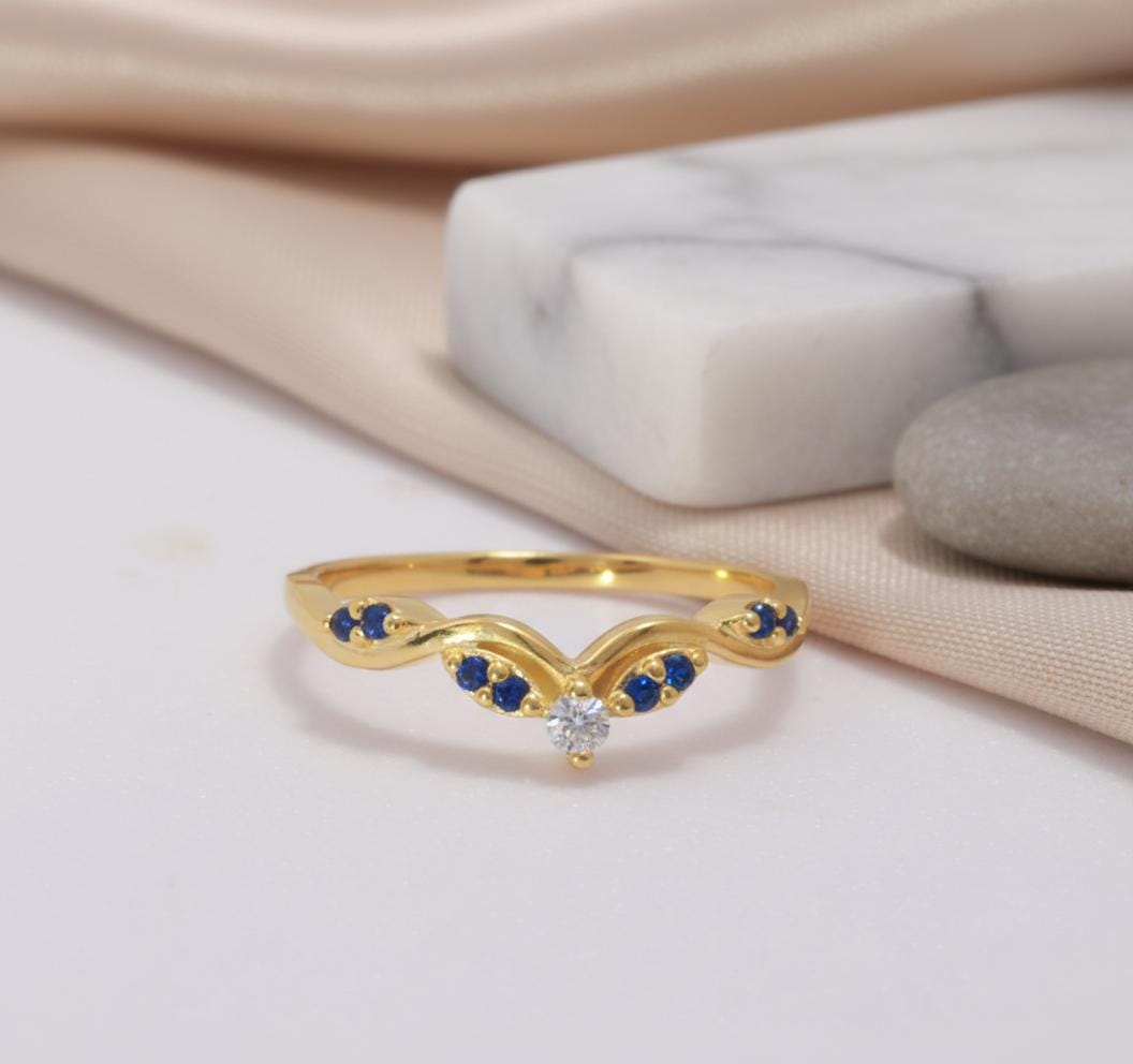 Olive Branch Curved Wedding Band, Alternating Diamond and Blue Sapphire Ring, Antique Stackable Matching Band, Promise Ring