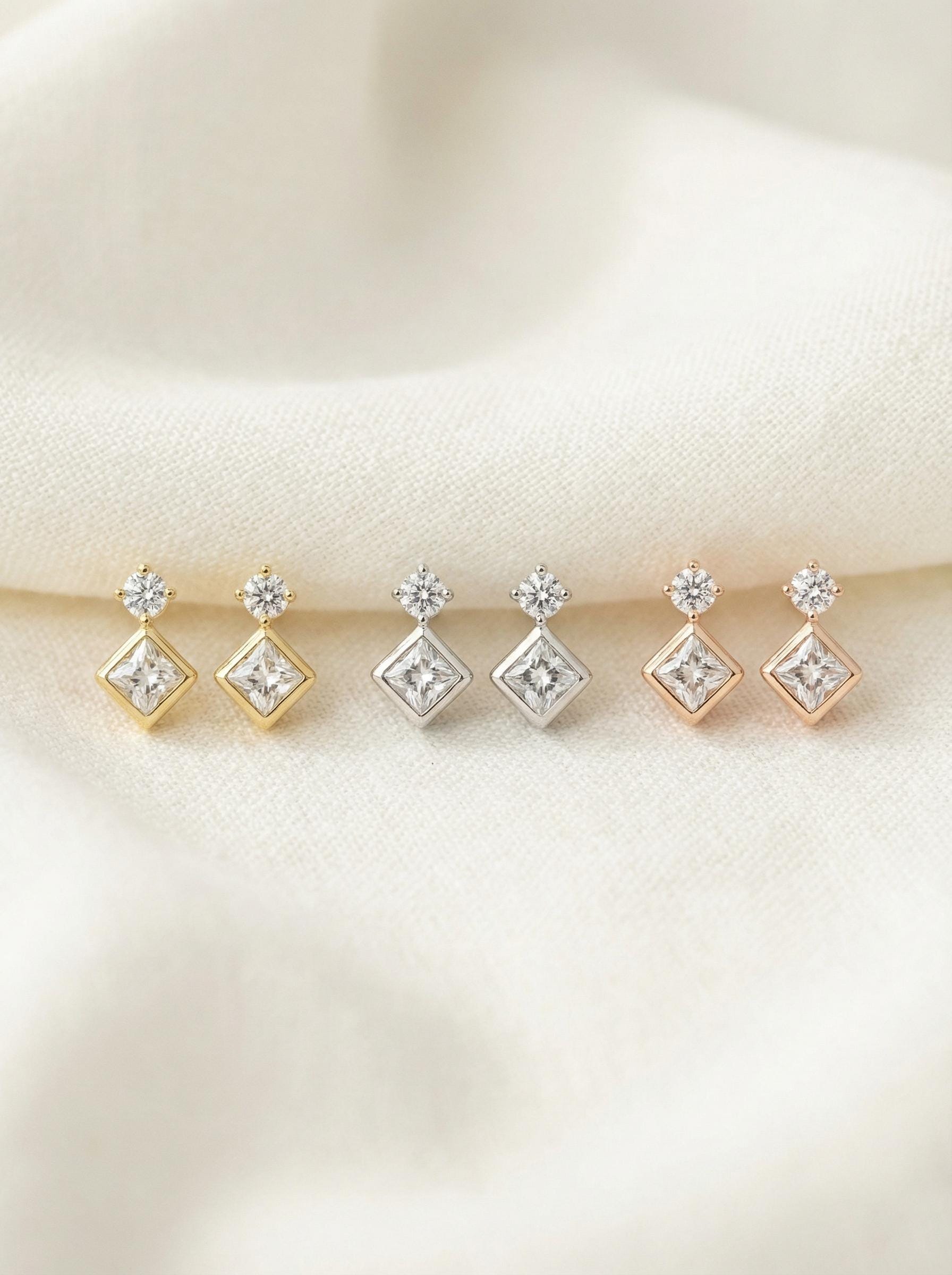 Diamond Stud Earrings, Princess Cut Solitaire Stud Earrings, Minimalist Earrings, Delicate Earrings for Women
