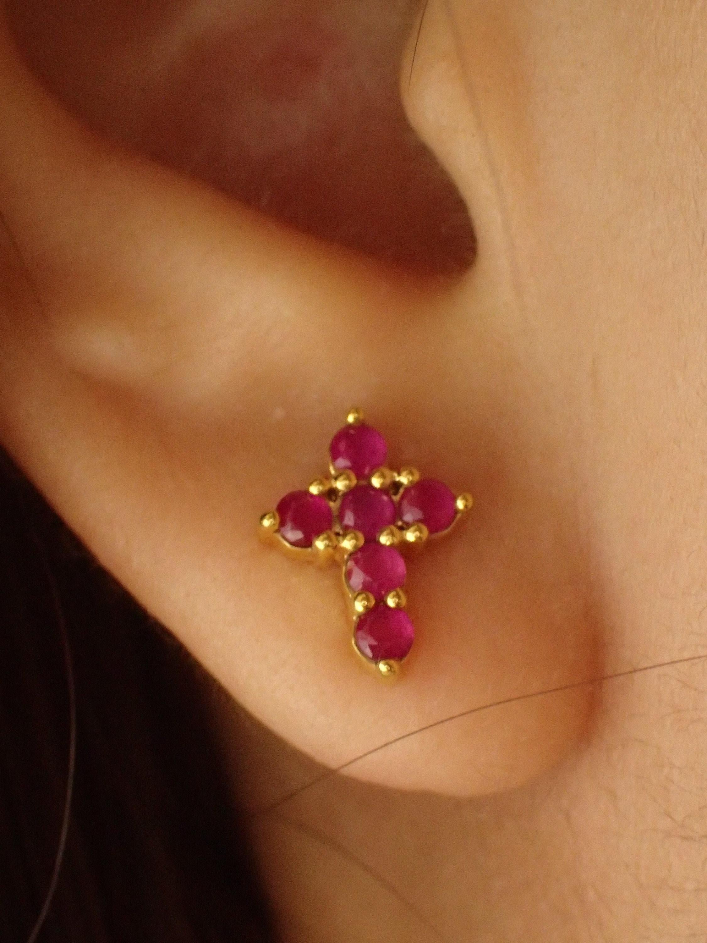 Ruby Cross Stud Earrings / Tiny Cross Studs / July Birthstones Gift / Religious Earrings Gift for Women