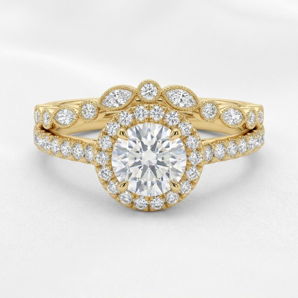 Round Engagement Ring Gold Travel Ring Unique Silver Promise Ring Wedding Ring Simulated Diamond Ring Halo Diamond Ring Gift