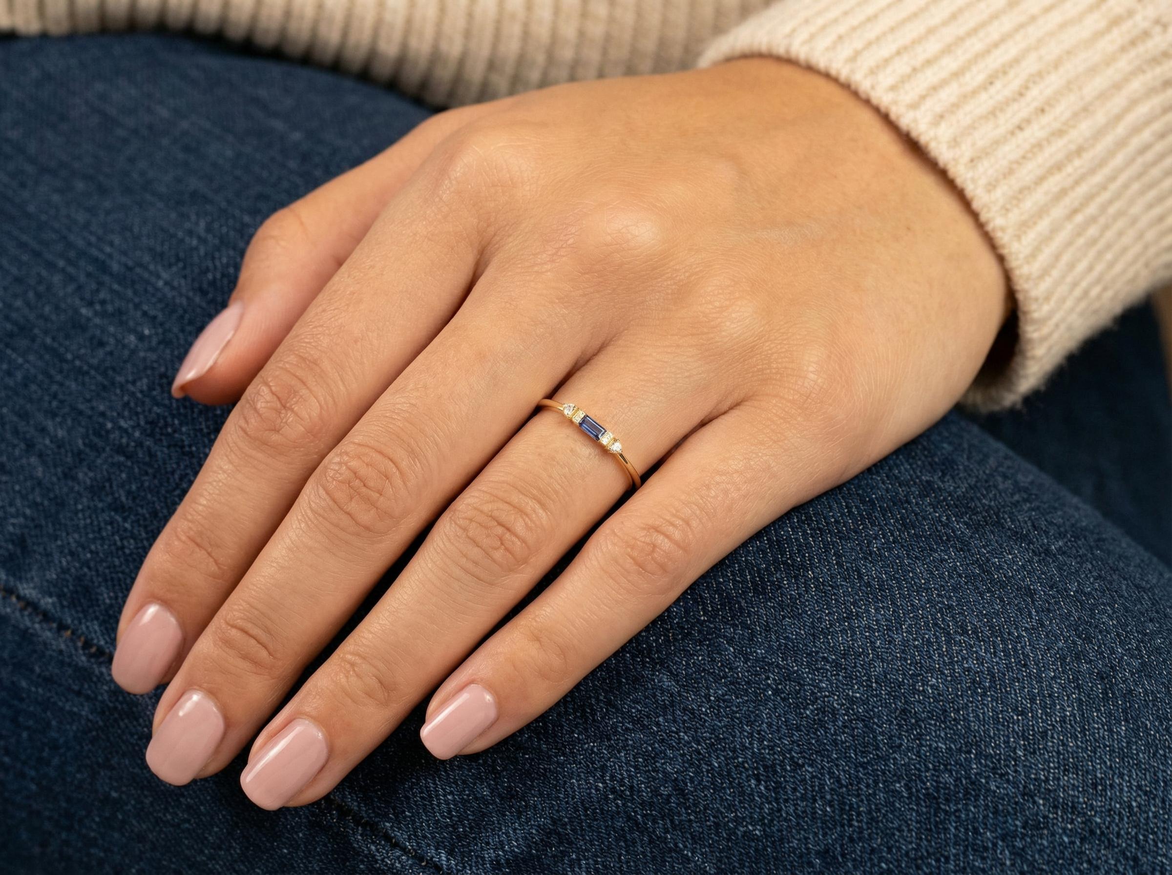 Personalized Valentine Gift Customize Birthstone Ring in Yellow Gold | Sapphire and Diamond Minimalist Promise Ring | Romantic Gift for Her
