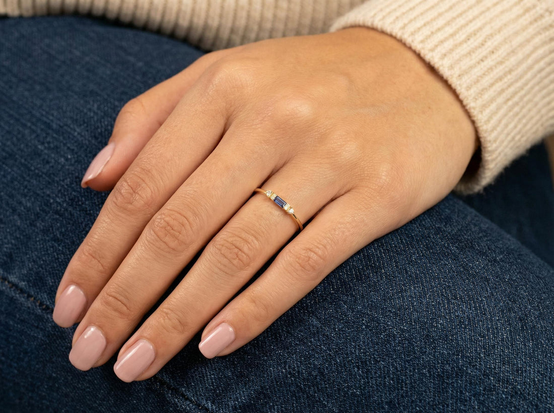Personalized Valentine Gift Customize Birthstone Ring in Yellow Gold | Sapphire and Diamond Minimalist Promise Ring | Romantic Gift for Her