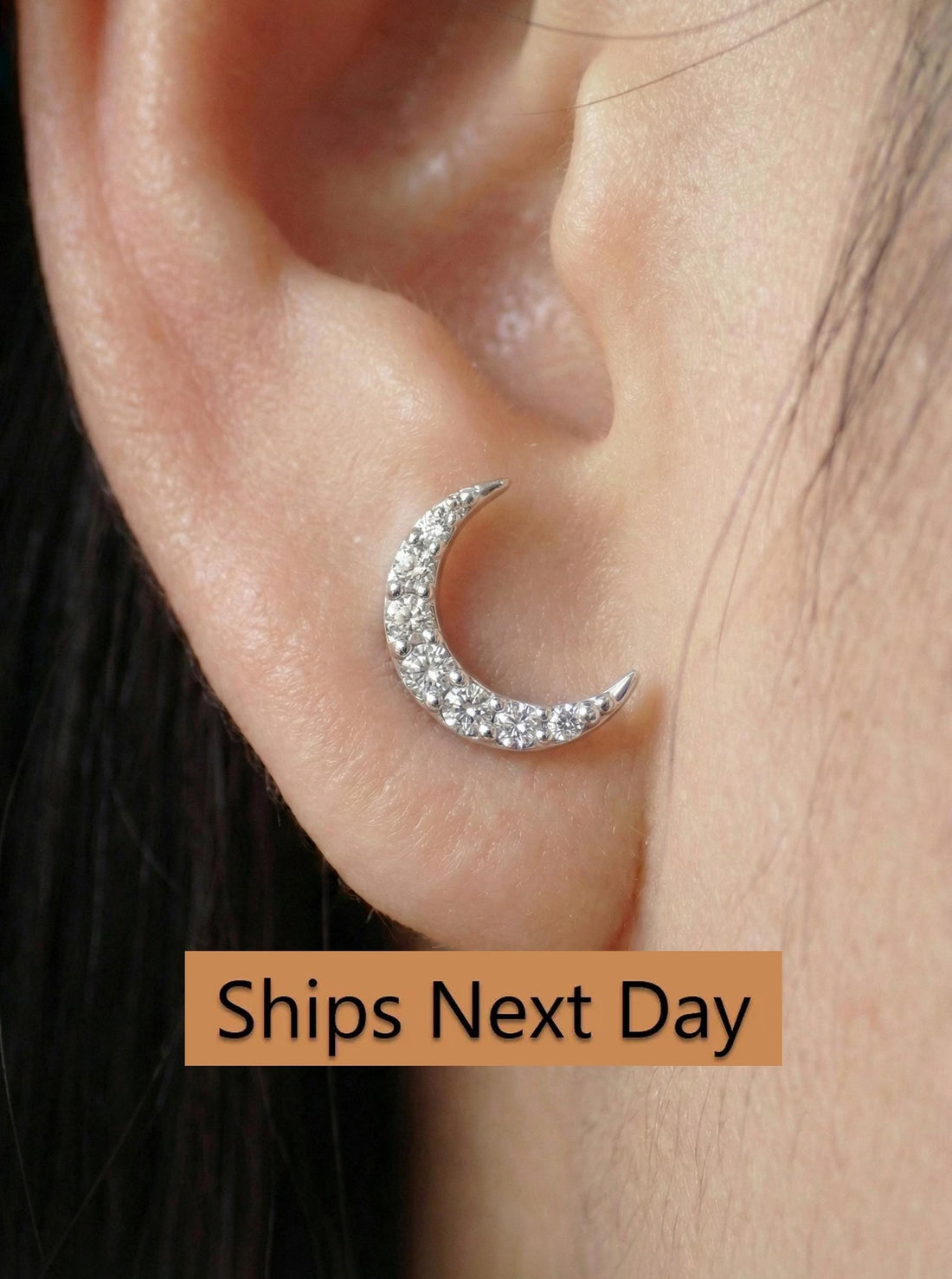Minimalist Moon Earrings / Moon Stud Earrings / Diamonds Moon Earrings Gift for Her / Diamond Earrings / Holiday Gift for Her