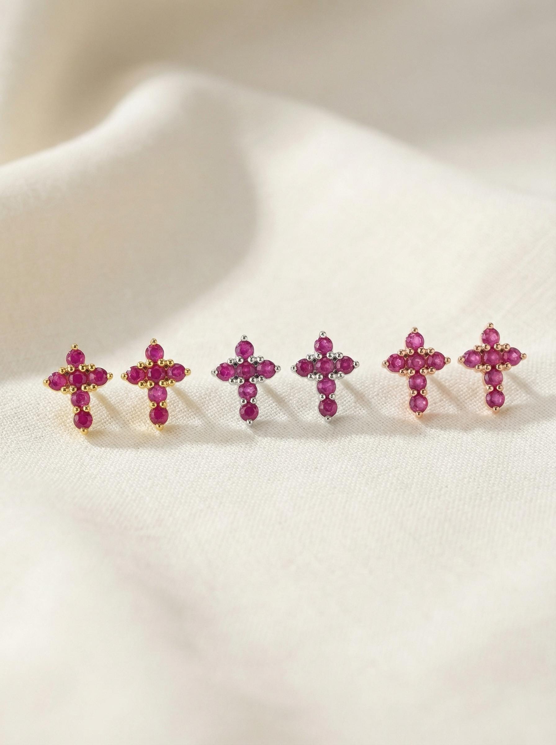 Ruby Cross Stud Earrings / Tiny Cross Studs / July Birthstones Gift / Religious Earrings Gift for Women