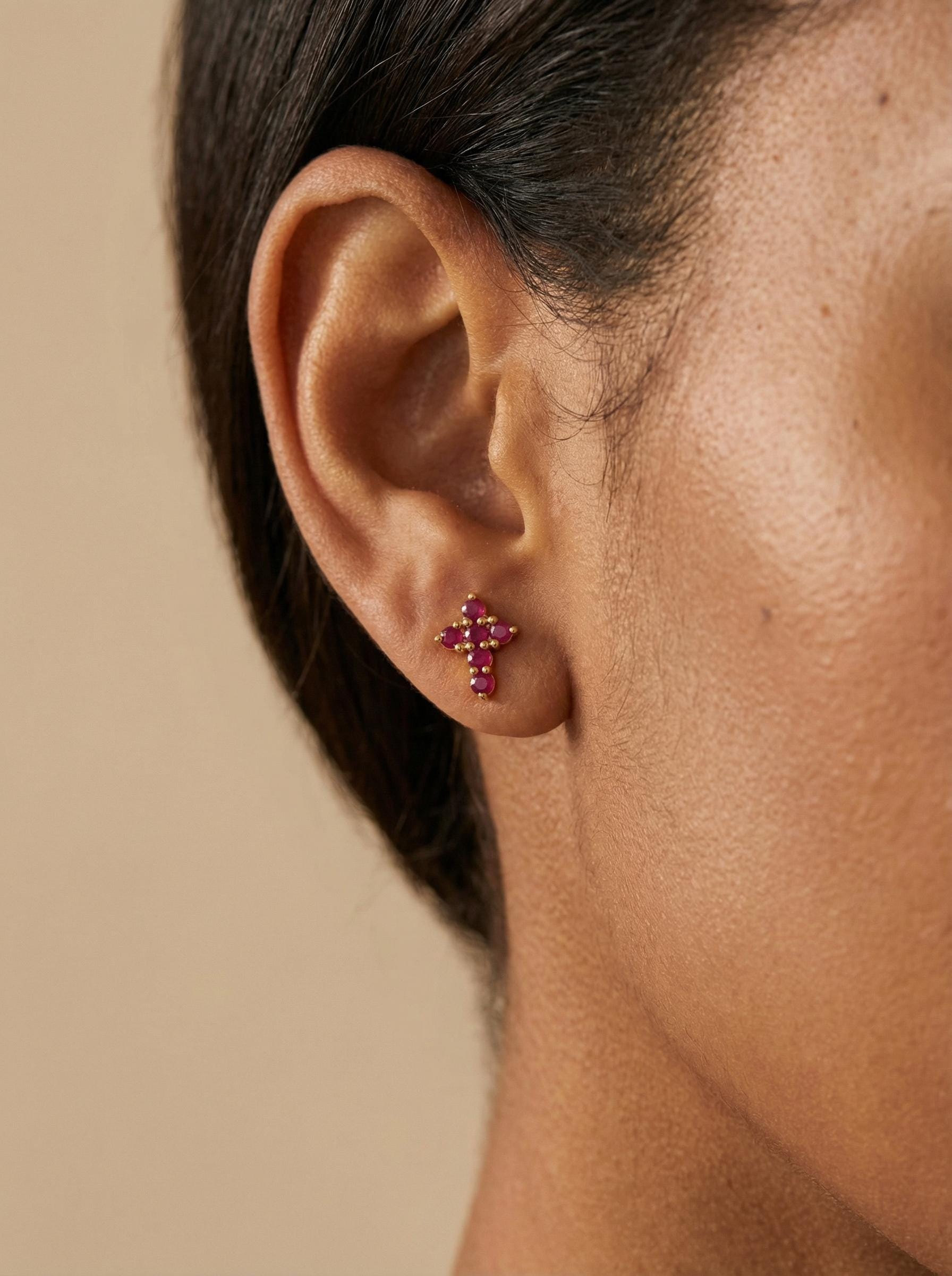 Ruby Cross Stud Earrings / Tiny Cross Studs / July Birthstones Gift / Religious Earrings Gift for Women