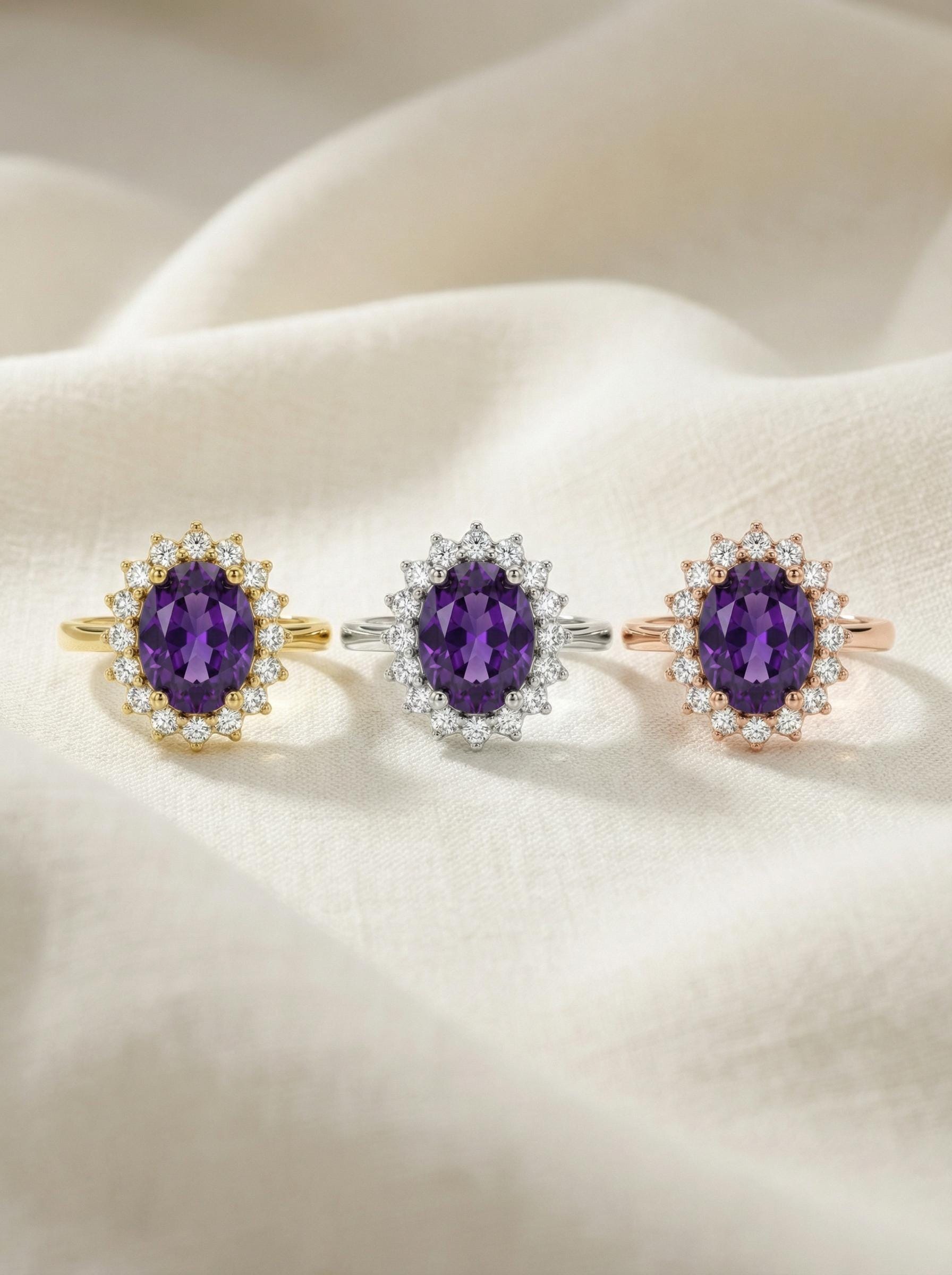 1.25 CT Purple Amethyst Engagement Ring, Amethyst Halo Cluster Oval Ring, February Birthstone Gift, Promise Ring Gift for Women