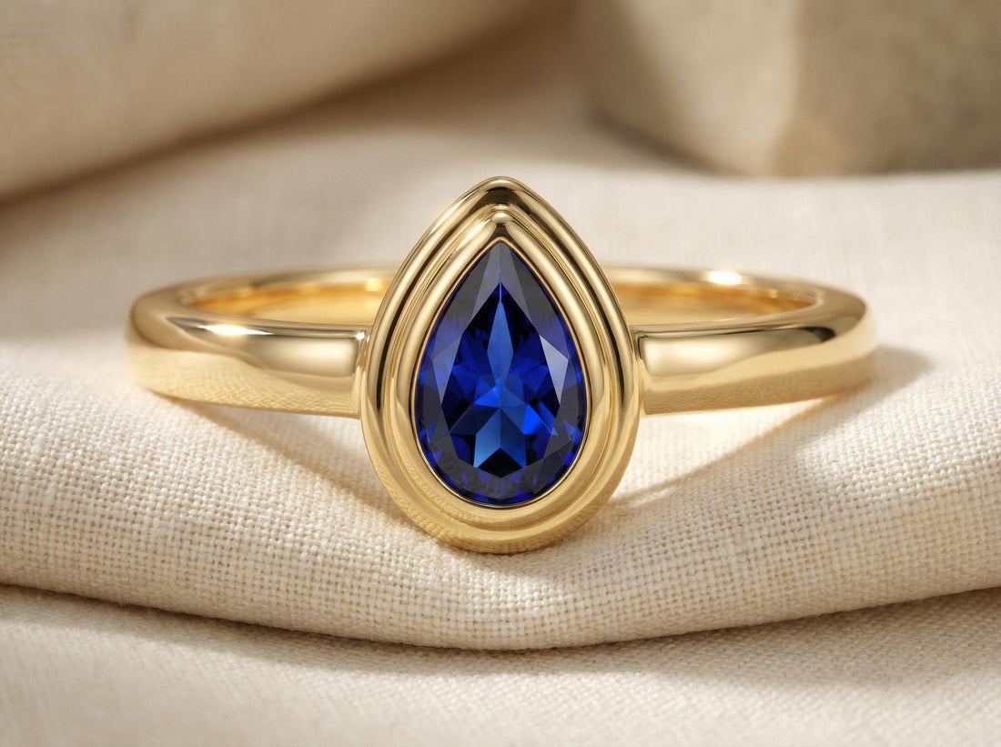 September Birthstone Ring Blue Sapphire Pear Cut Ring Bezel Solitaire Engagement Ring Minimalist Teardrop Ring Custom Birthday Gift for Her