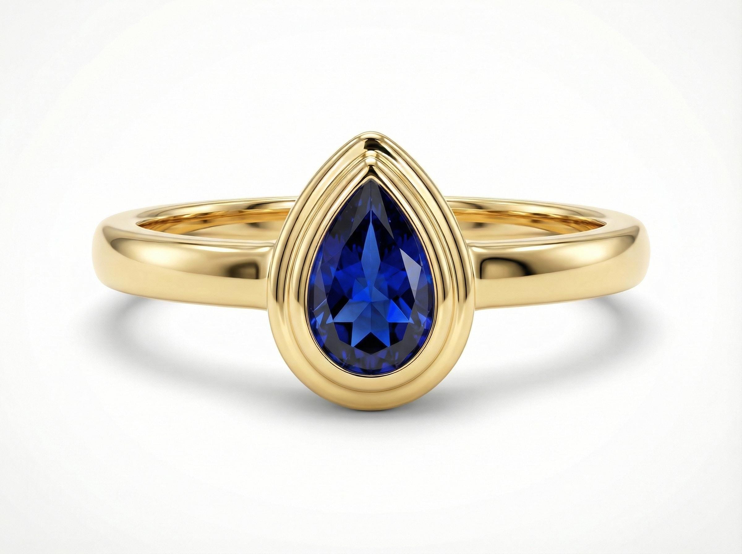 September Birthstone Ring Blue Sapphire Pear Cut Ring Bezel Solitaire Engagement Ring Minimalist Teardrop Ring Custom Birthday Gift for Her