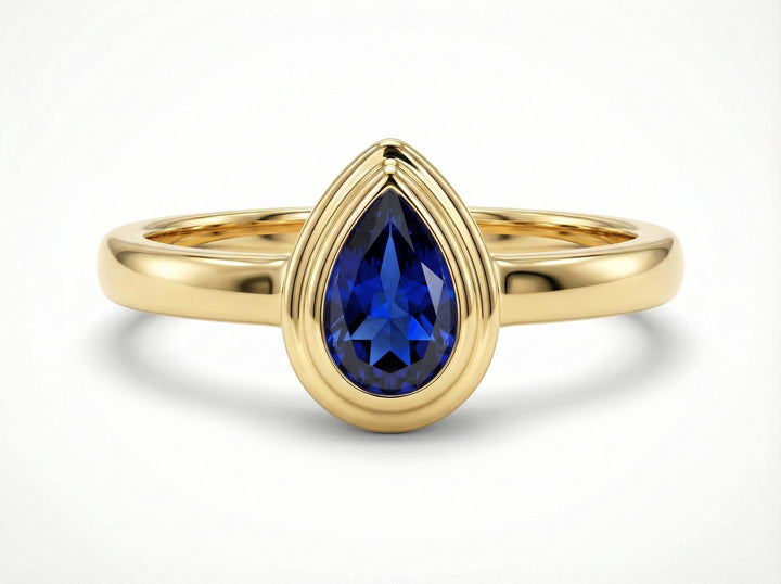 September Birthstone Ring Blue Sapphire Pear Cut Ring Bezel Solitaire Engagement Ring Minimalist Teardrop Ring Custom Birthday Gift for Her