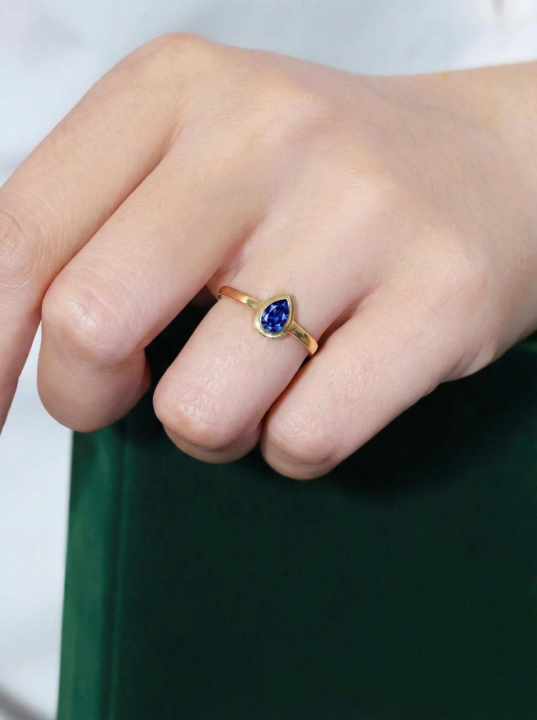 September Birthstone Ring Blue Sapphire Pear Cut Ring Bezel Solitaire Engagement Ring Minimalist Teardrop Ring Custom Birthday Gift for Her