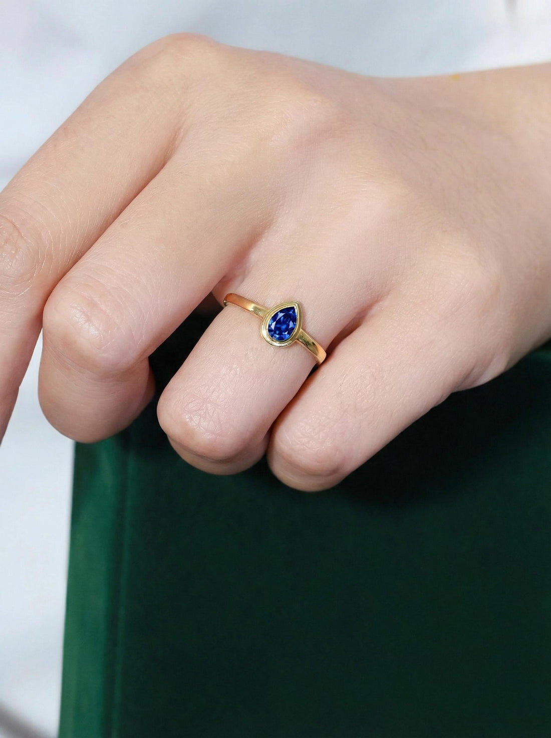 September Birthstone Ring Blue Sapphire Pear Cut Ring Bezel Solitaire Engagement Ring Minimalist Teardrop Ring Custom Birthday Gift for Her