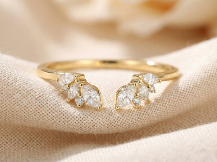 Marquise Moissanite Ring, Open Cuff Wedding Band, Leaf Stacking Ring for Women