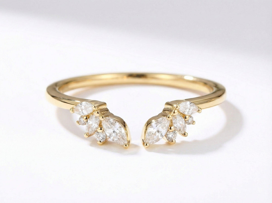 Marquise Moissanite Ring, Open Cuff Wedding Band, Leaf Stacking Ring for Women