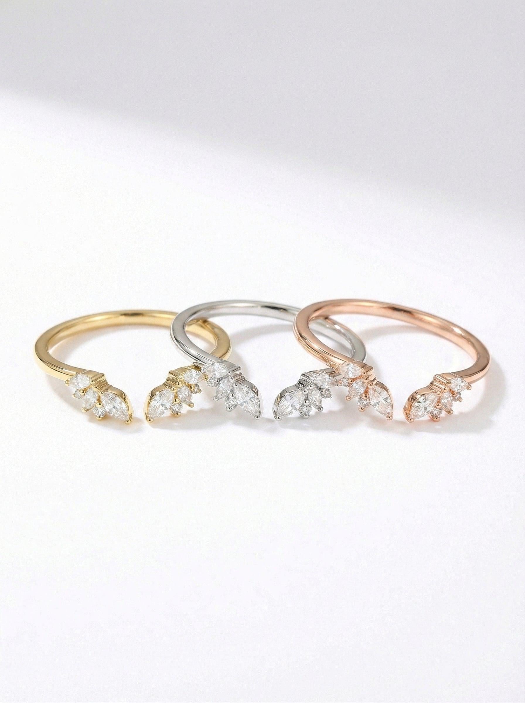 Marquise Moissanite Ring, Open Cuff Wedding Band, Leaf Stacking Ring for Women