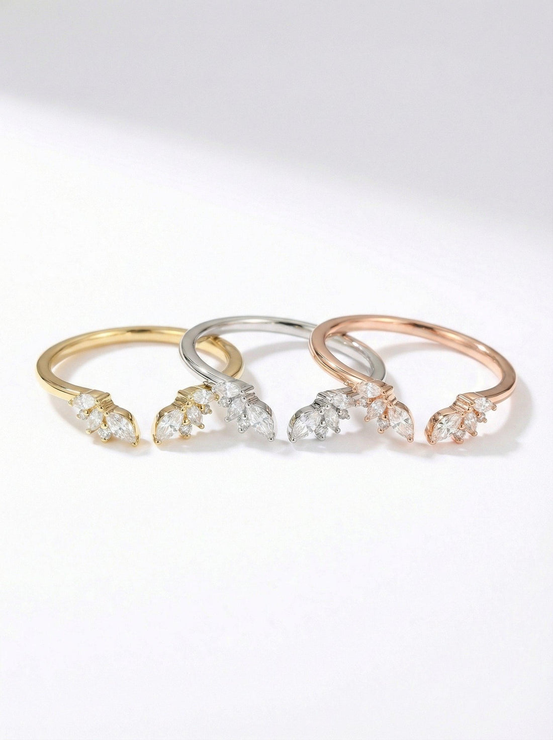 Marquise Moissanite Ring, Open Cuff Wedding Band, Leaf Stacking Ring for Women