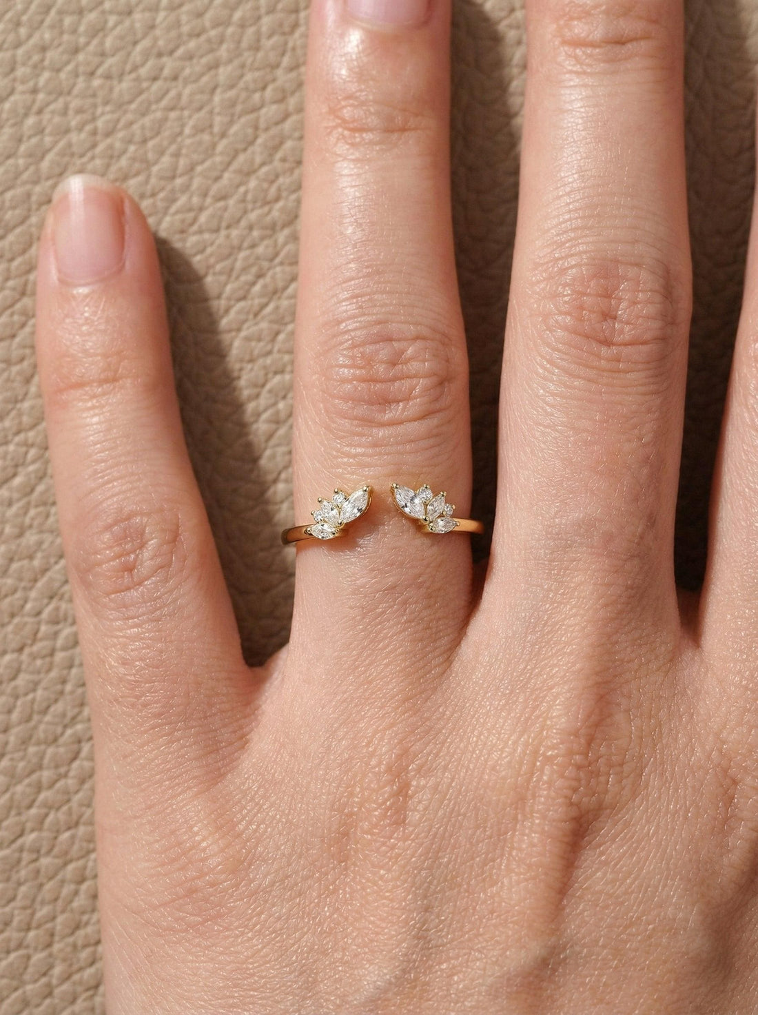 Marquise Moissanite Ring, Open Cuff Wedding Band, Leaf Stacking Ring for Women