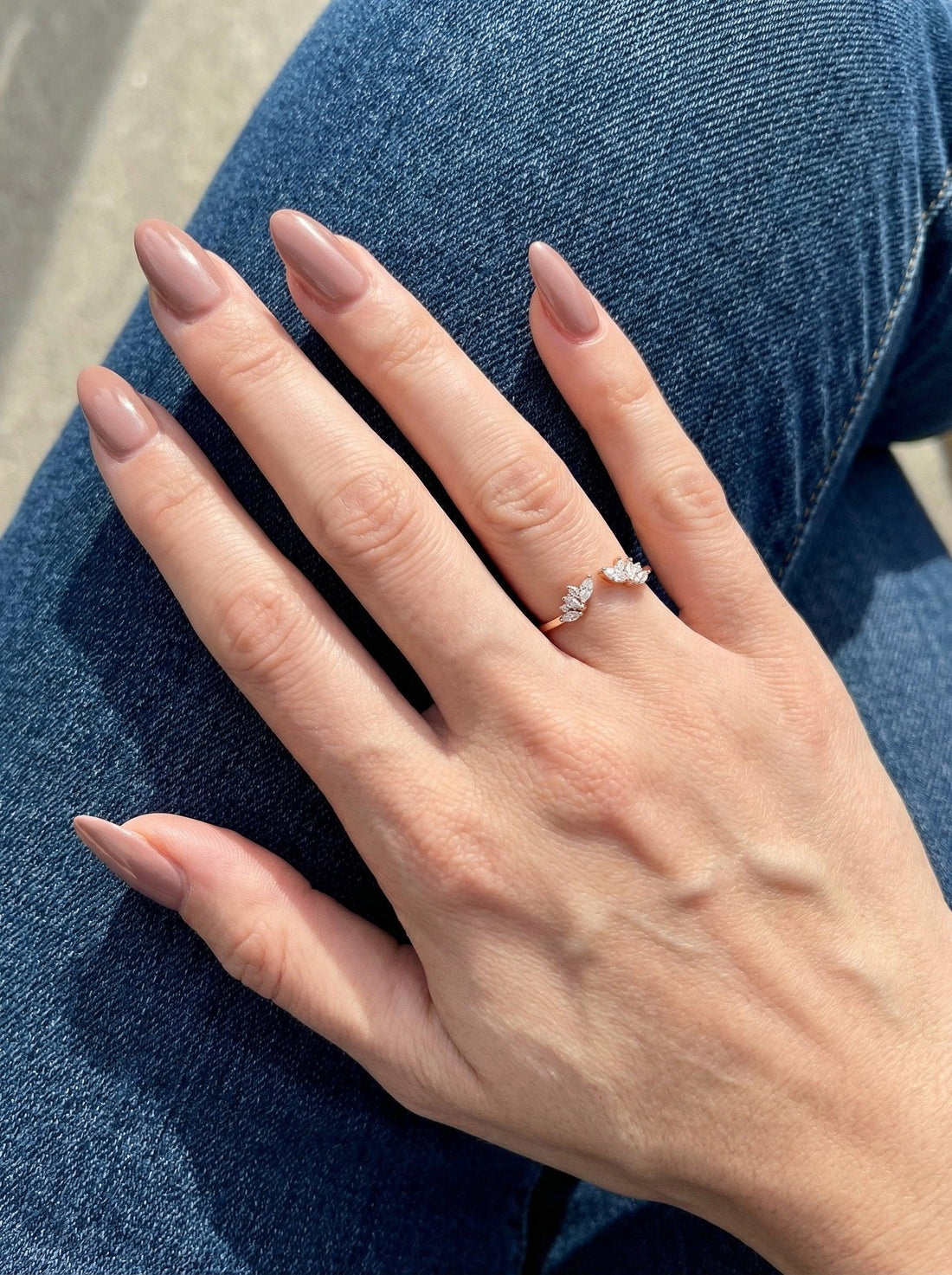 Marquise Moissanite Ring, Open Cuff Wedding Band, Leaf Stacking Ring for Women