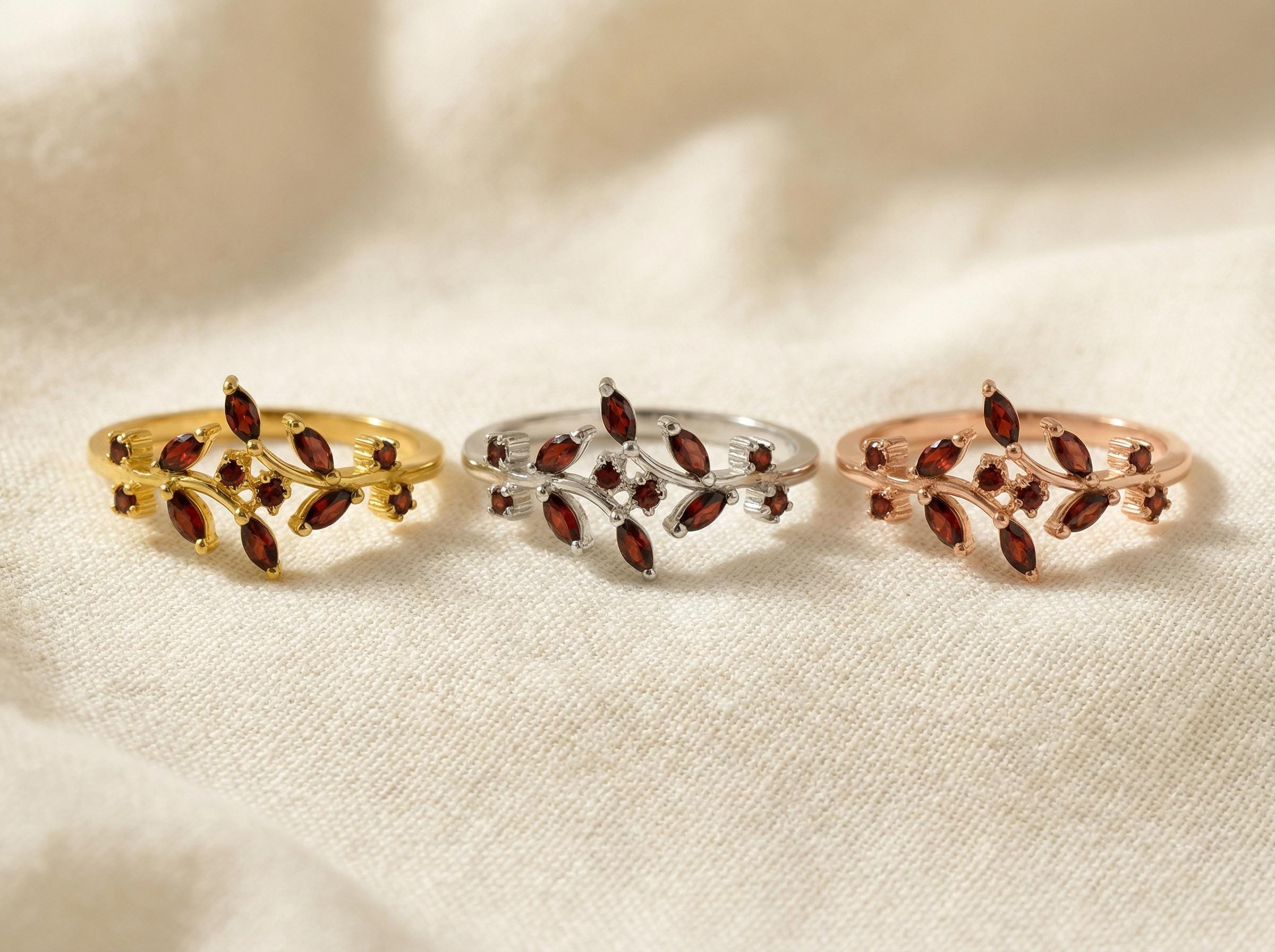 Garnet Birthstone Ring, Nature Inspired Leaf Ring, Marquise Garnet Vine Band, January Birthstone Gift, Botanical Jewelry, Custom Metal Choic